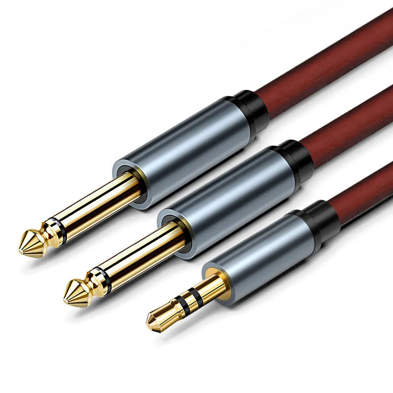 3.5mm to two 6.35mm male plug audio Y-cable in black with gold-plated connectors.