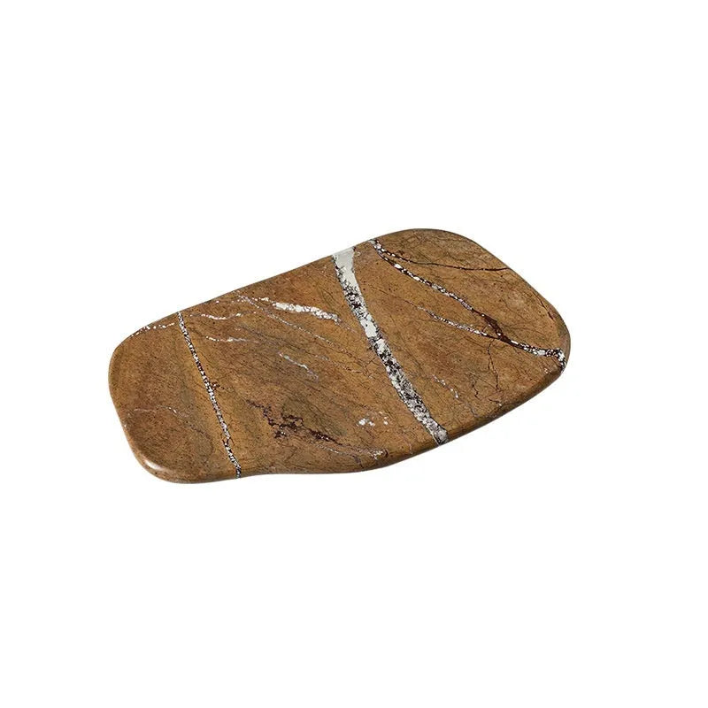Irregular art marble tray in natural stone, 33.5x19cm, Coffee colour, with smooth polished surface on a wooden table