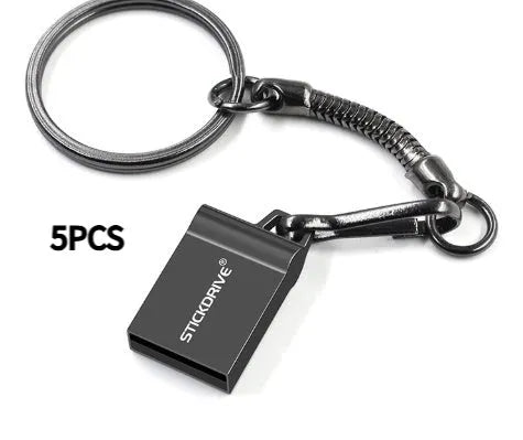 Metal USB drive with chain attachment showing lightning pattern design in black