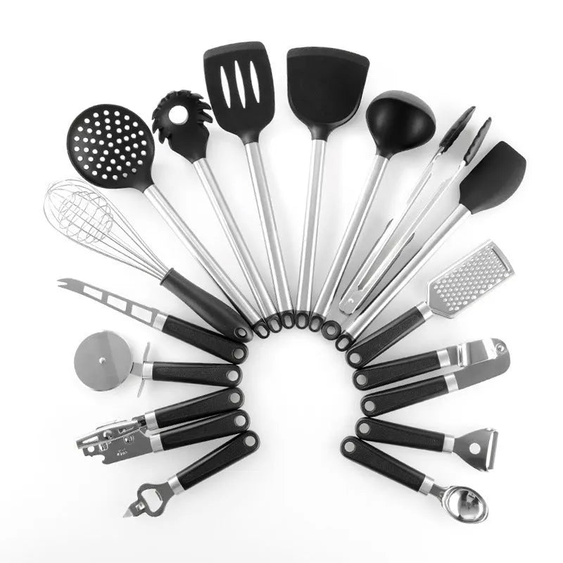Black kitchen spatula and spoon set with stainless steel handles and silicone ends