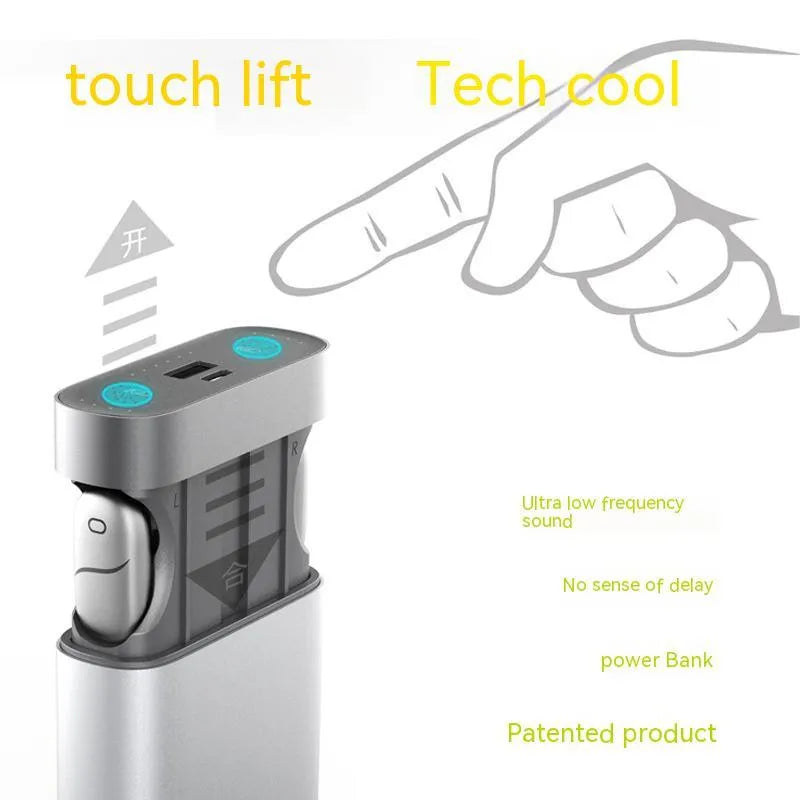 Silver gray wireless Bluetooth headset with charging compartment power bank, 74x28x95mm, LOOP T6
