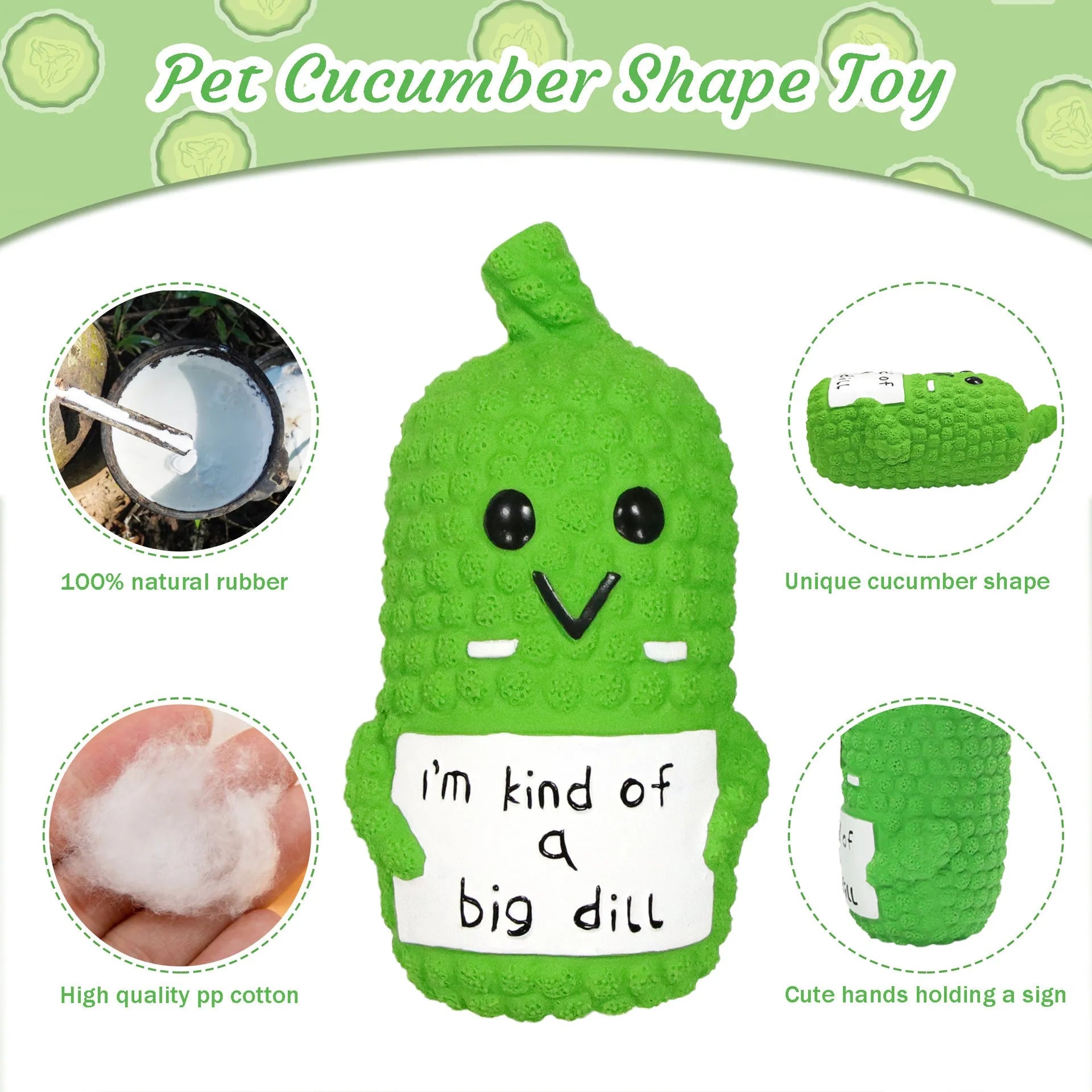 Green pickle-shaped latex dog chew toy with textured surface and squeaker for teething puppies
