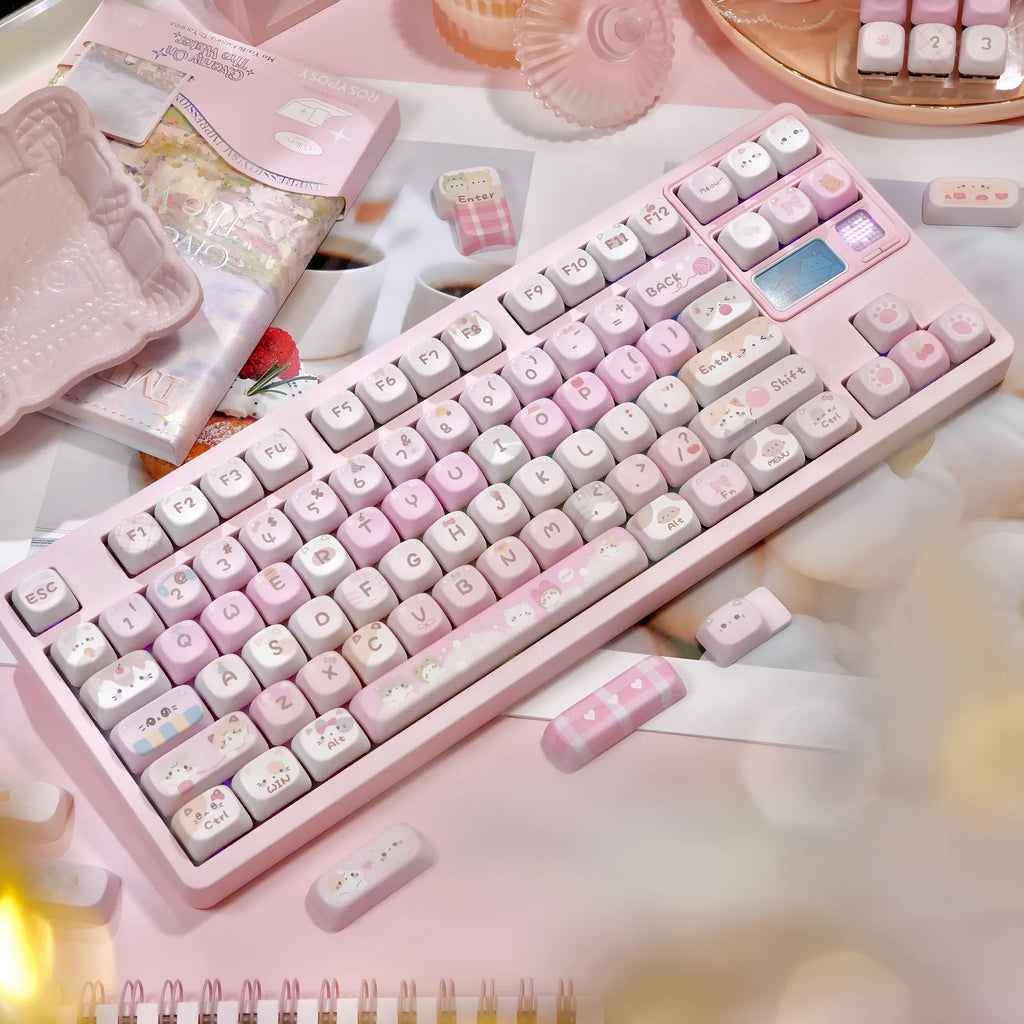Pink cartoon style MOA height sublimation key cap set for mechanical keyboards.