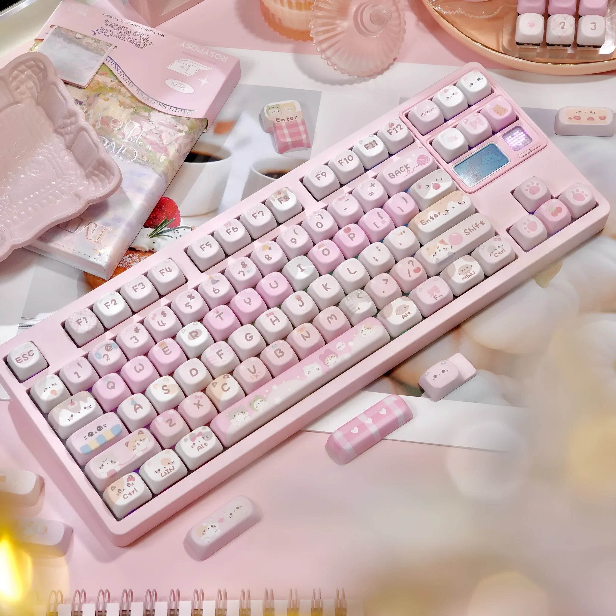 Pink cartoon style MOA height sublimation key cap set for mechanical keyboards.