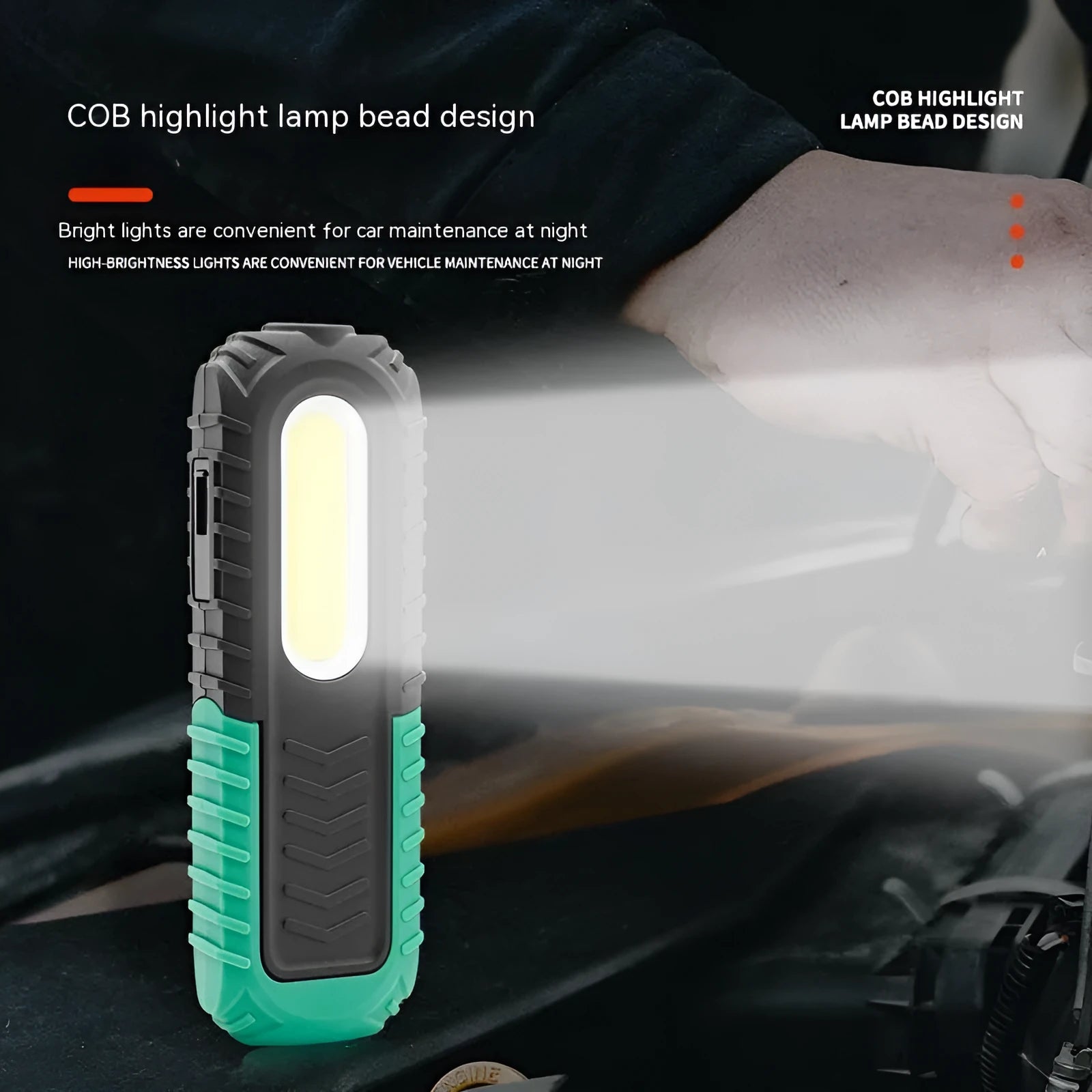 Black and green auto repair work light with USB charging cable for vehicle inspections