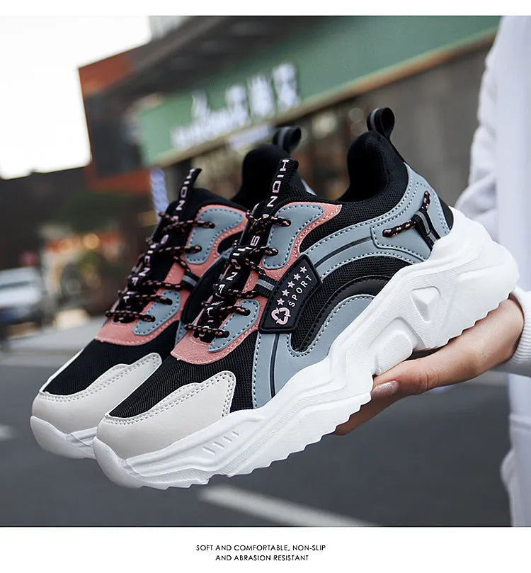 Women's white mesh casual sports shoes with thick sole and buckle fastening