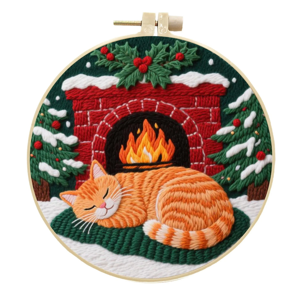 DIY cat embroidery kit with autumn fruit patterns on cotton and linen fabric including embroidery frame
