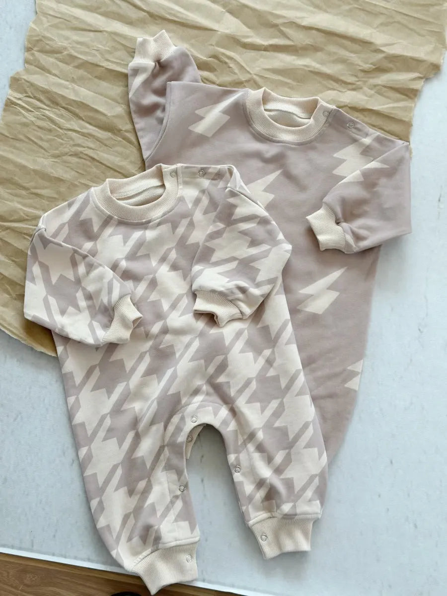 Baby cotton crawler suit long sleeve short climb style in light brown grid neutral design spring autumn