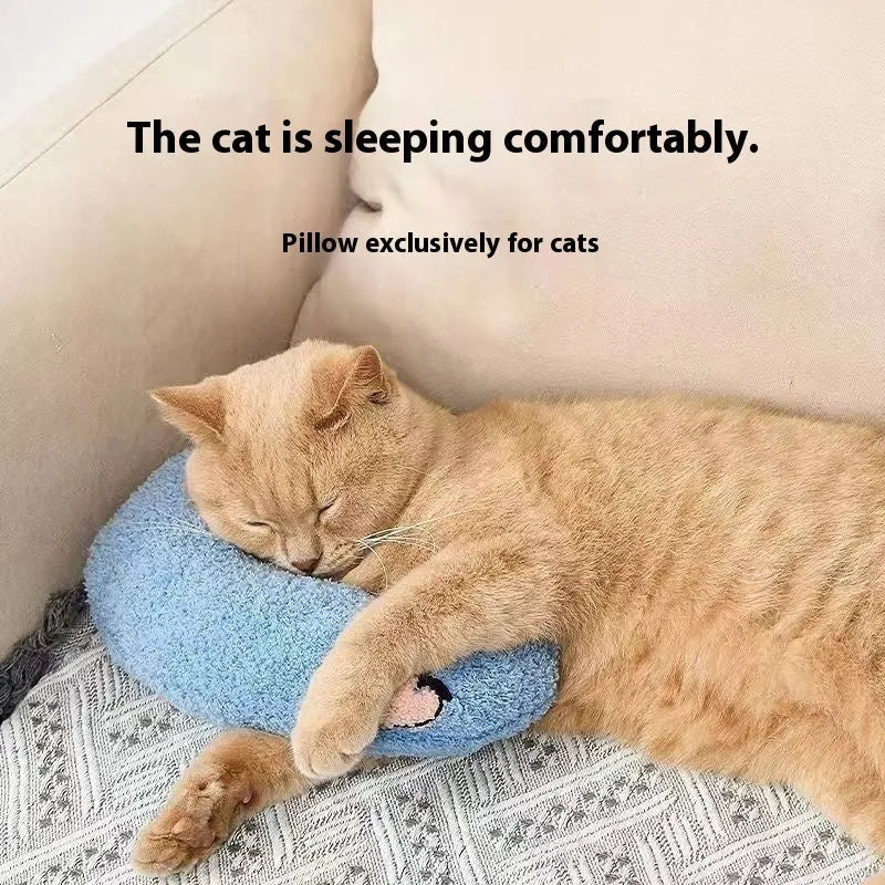 Blue U-shaped cat pillow showing neck support design for pet bedding