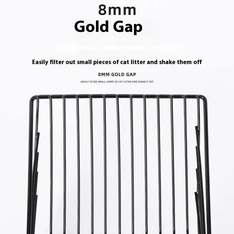 Black metal cat litter scoop with a long handle and a sifting head showing a narrow mesh gap.