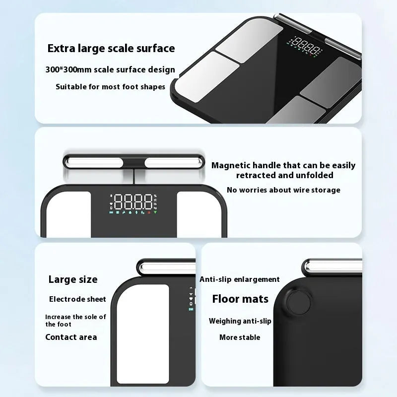 Black electronic household scale with tempered glass platform and colour touchscreen display