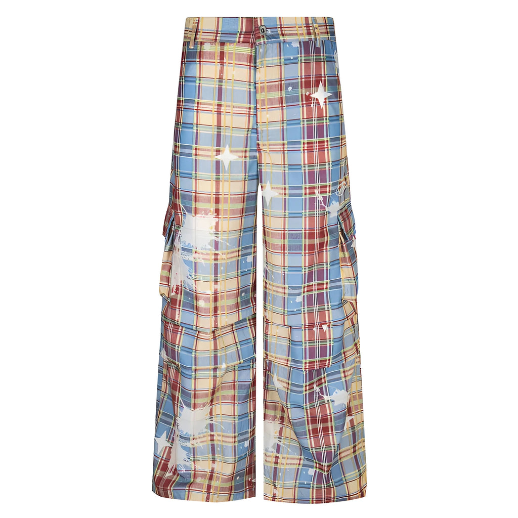 Men's blue retro plaid overalls with loose straight leg trousers on mannequin