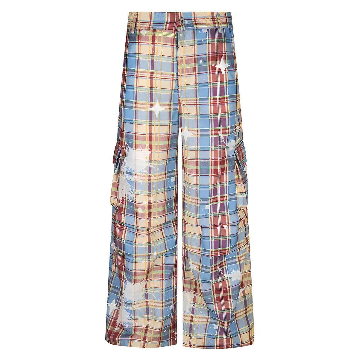 Men's blue retro plaid overalls with loose straight leg trousers on mannequin