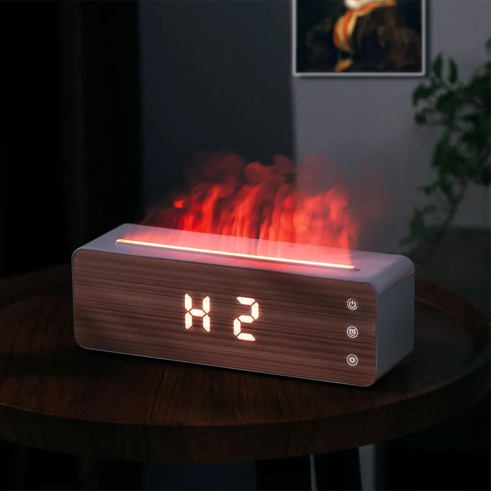 White flame humidifier with clock display on a desk, showing mist output