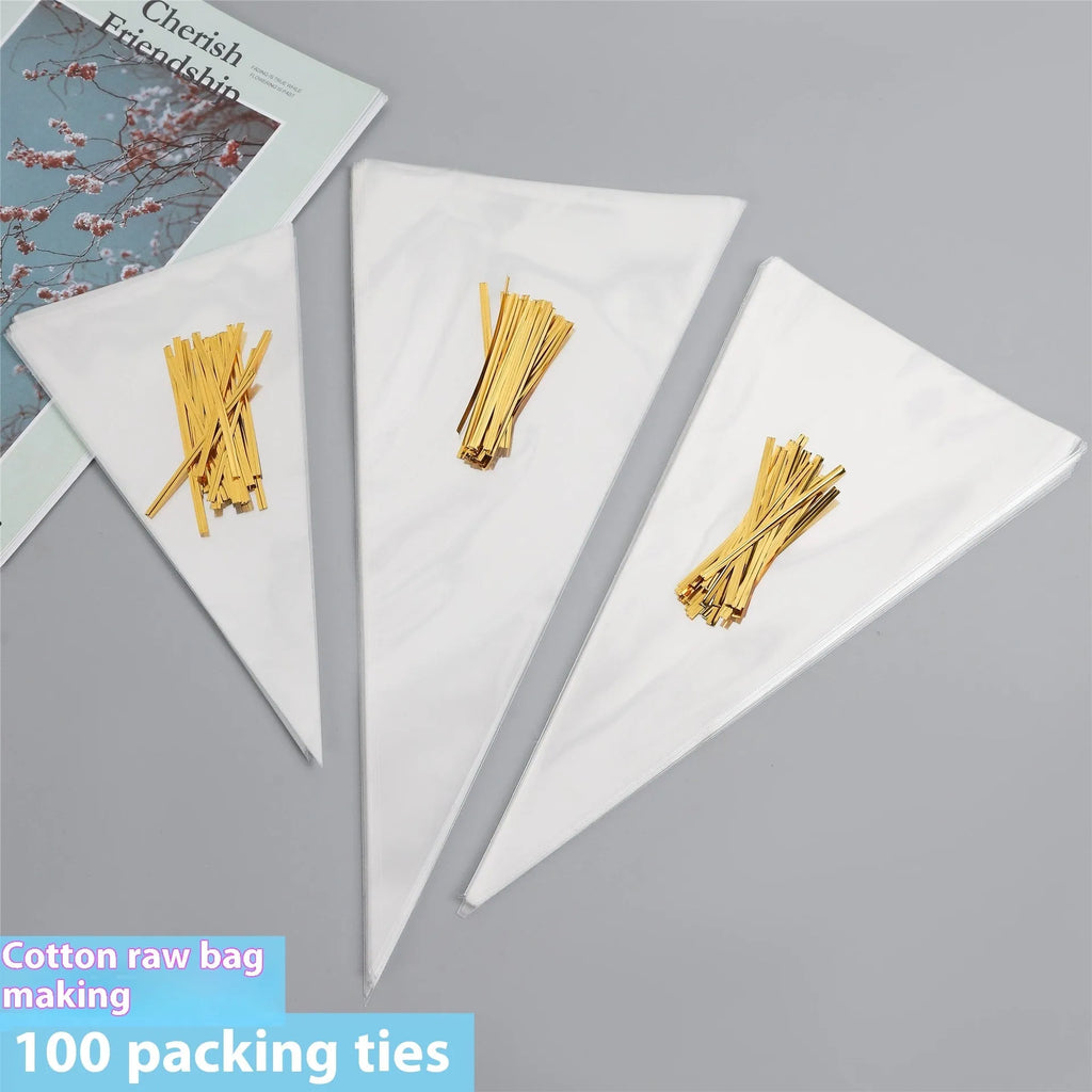 Clear triangular plastic packaging bags with wire ties in three different sizes