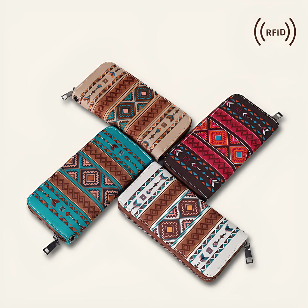 Bohemian striped canvas RFID wallet with anti-theft features in beige and red colours measuring 20x10x2cm