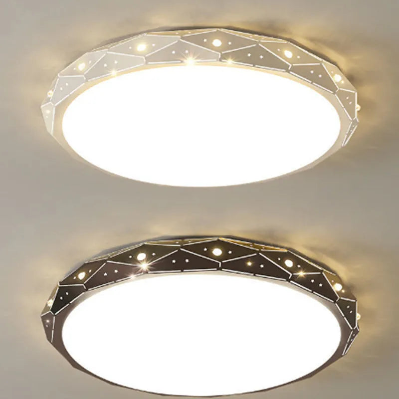 Round LED ceiling light with black iron frame and dimmable lighting options