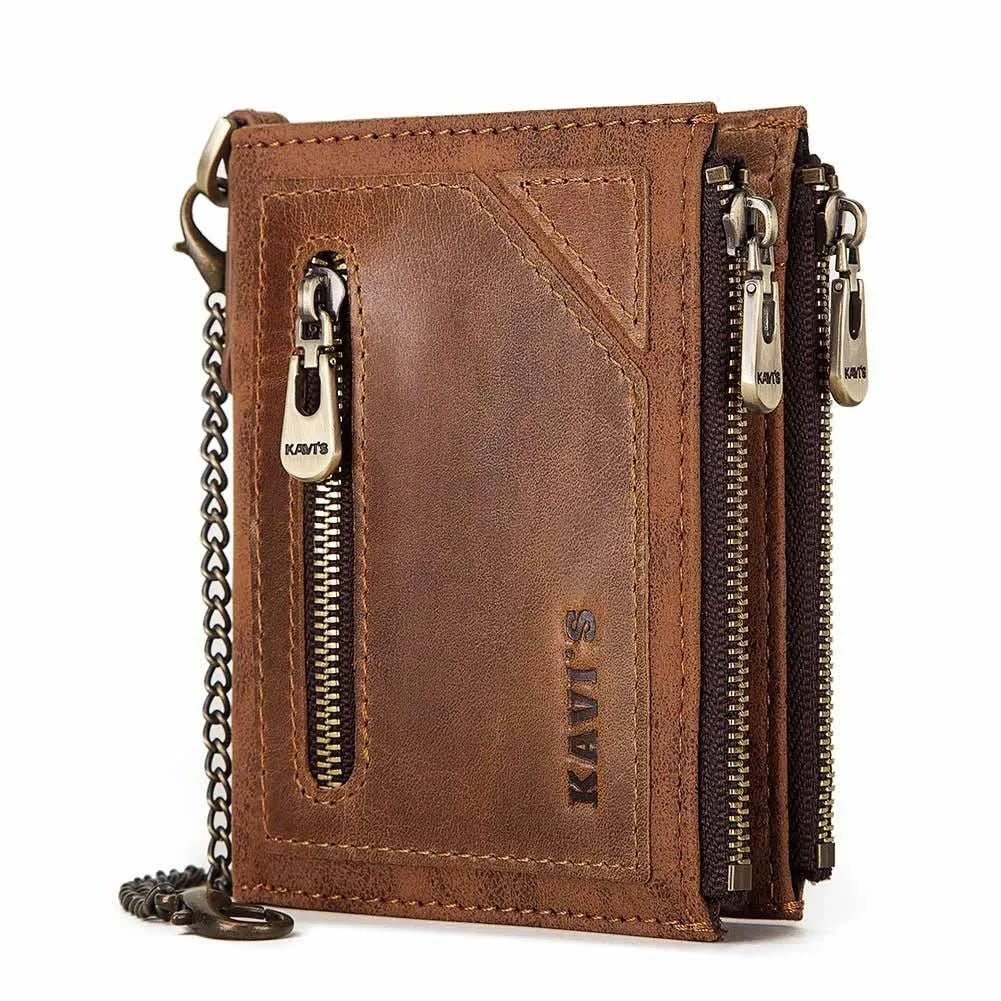 Dark brown men's genuine leather wallet with chain detail and RFID anti-theft protection.