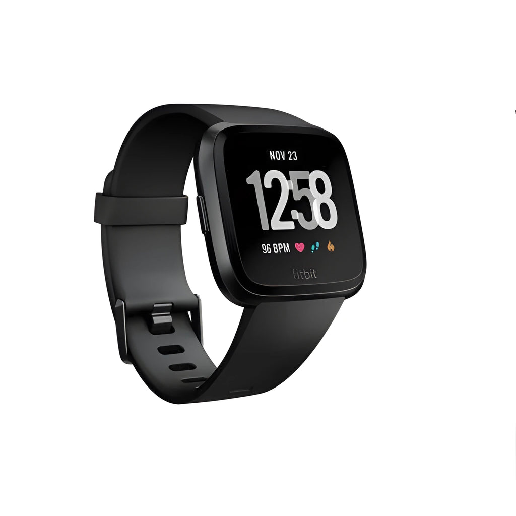 Black smart watch with silicone strap showing heart rate monitoring on its 1.4 inch screen