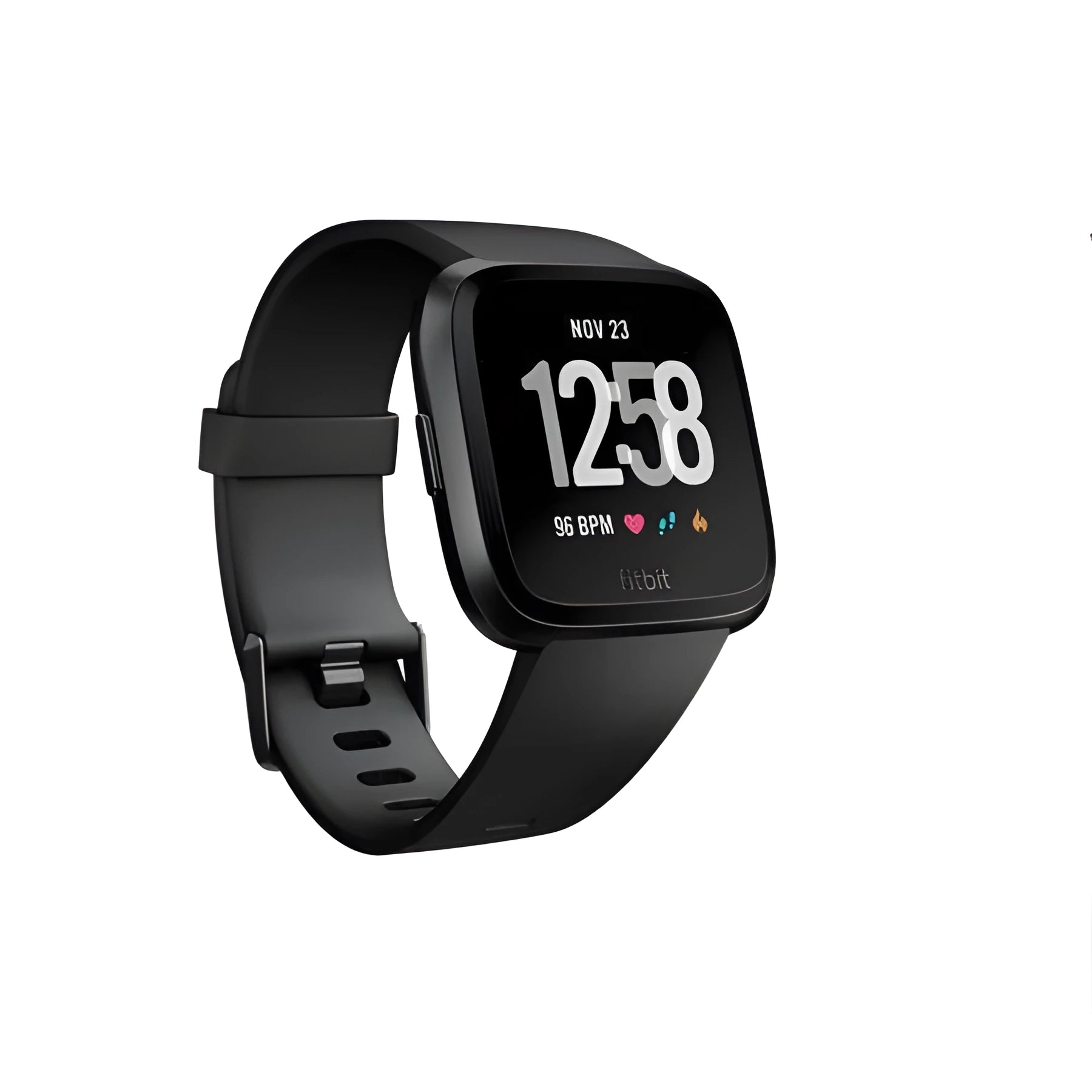 Black smart watch with silicone strap showing heart rate monitoring on its 1.4 inch screen