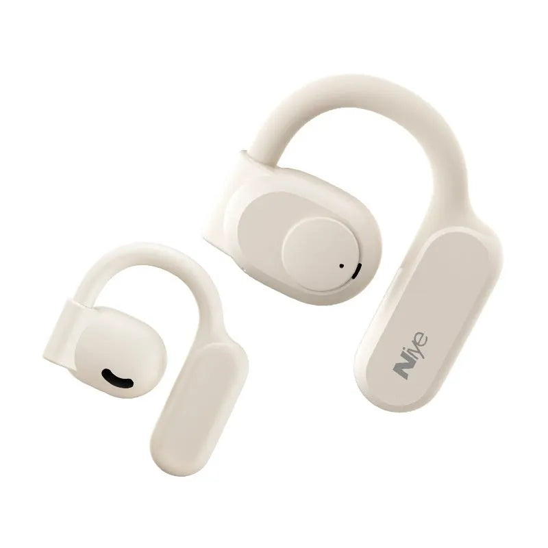 Bone conduction wireless ear clip headphones in black with ear hook design and digital display