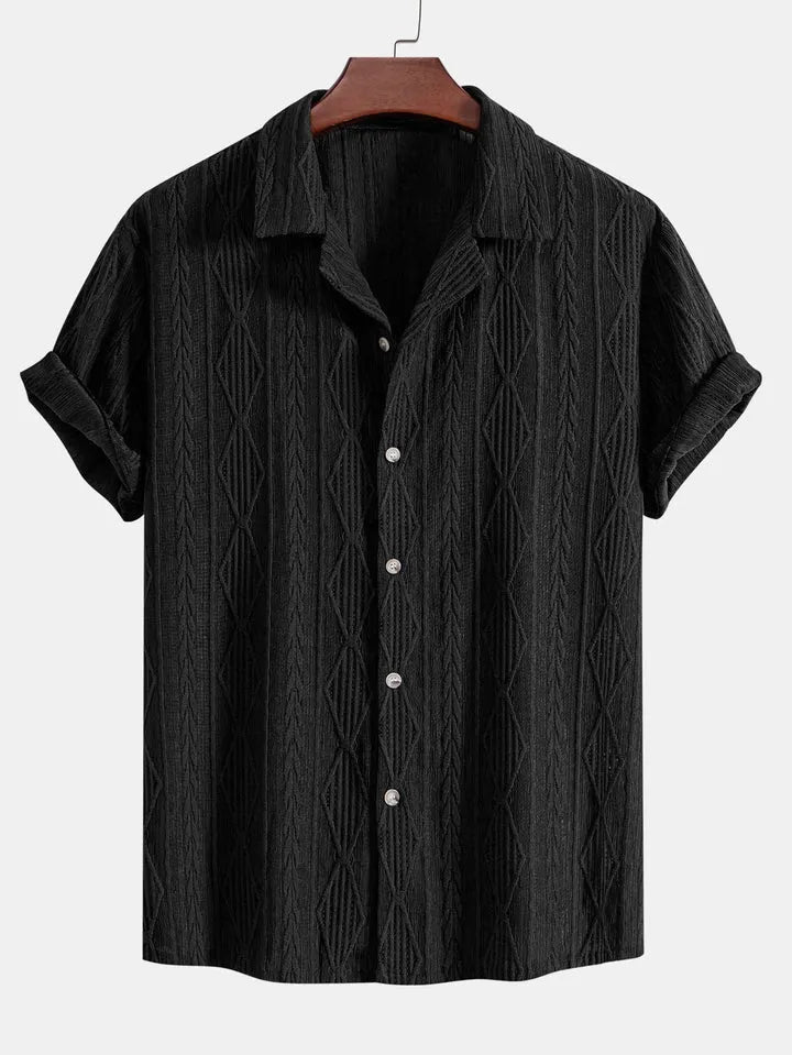 Men's loose-fitting short-sleeve cardigan shirt in black, green, or white for summer casual wear.