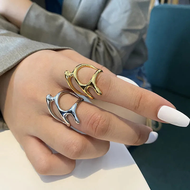 Silver plated adjustable ring for women in gold colour with open band