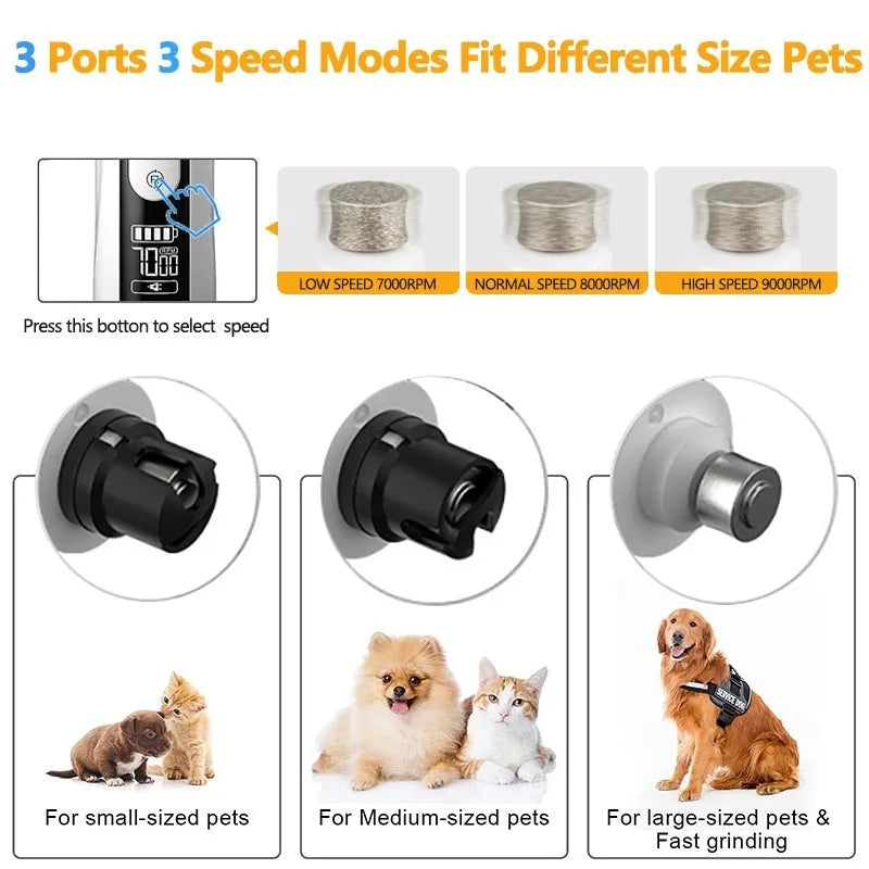 White handheld electric dog nail grinder with LCD display showing speed settings and dust collection compartment