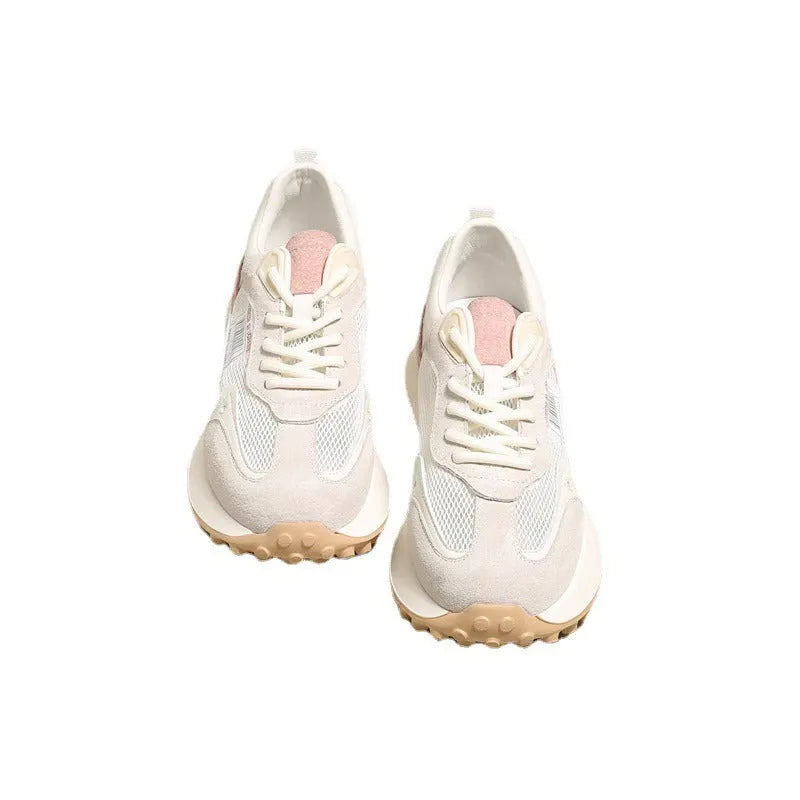 Women's grey and pink low-top retro sneakers with mesh lining and rubber sole