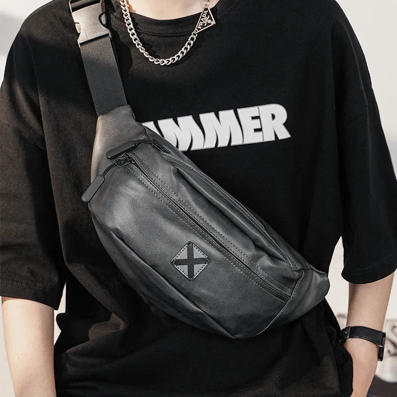 Korean men's trendy fashion shoulder bag in PU leather, available in black colour, with adjustable strap for crossbody wear.