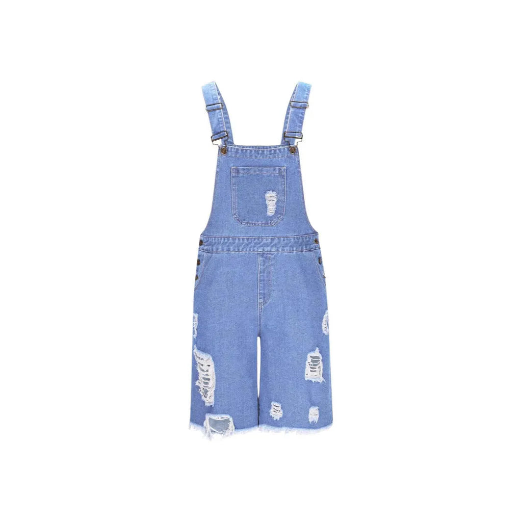 Men's ripped blue denim shorts with attached suspenders on a mid waist, straight-leg design.