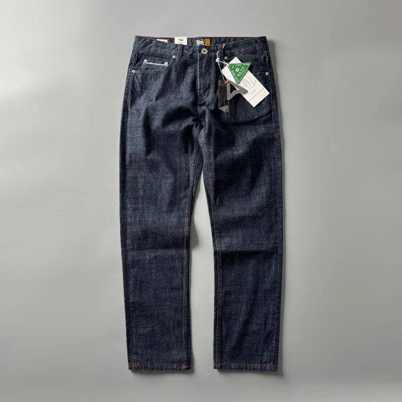Men's primary colour American retro straight-leg denim trousers laid flat, showing mid-waist and full-length cut.