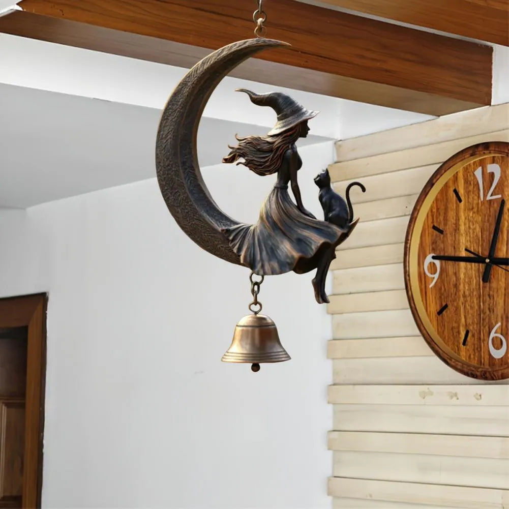 Witch moon and black cat bell pendant with suspension hanging method and witch moon bell colour classification