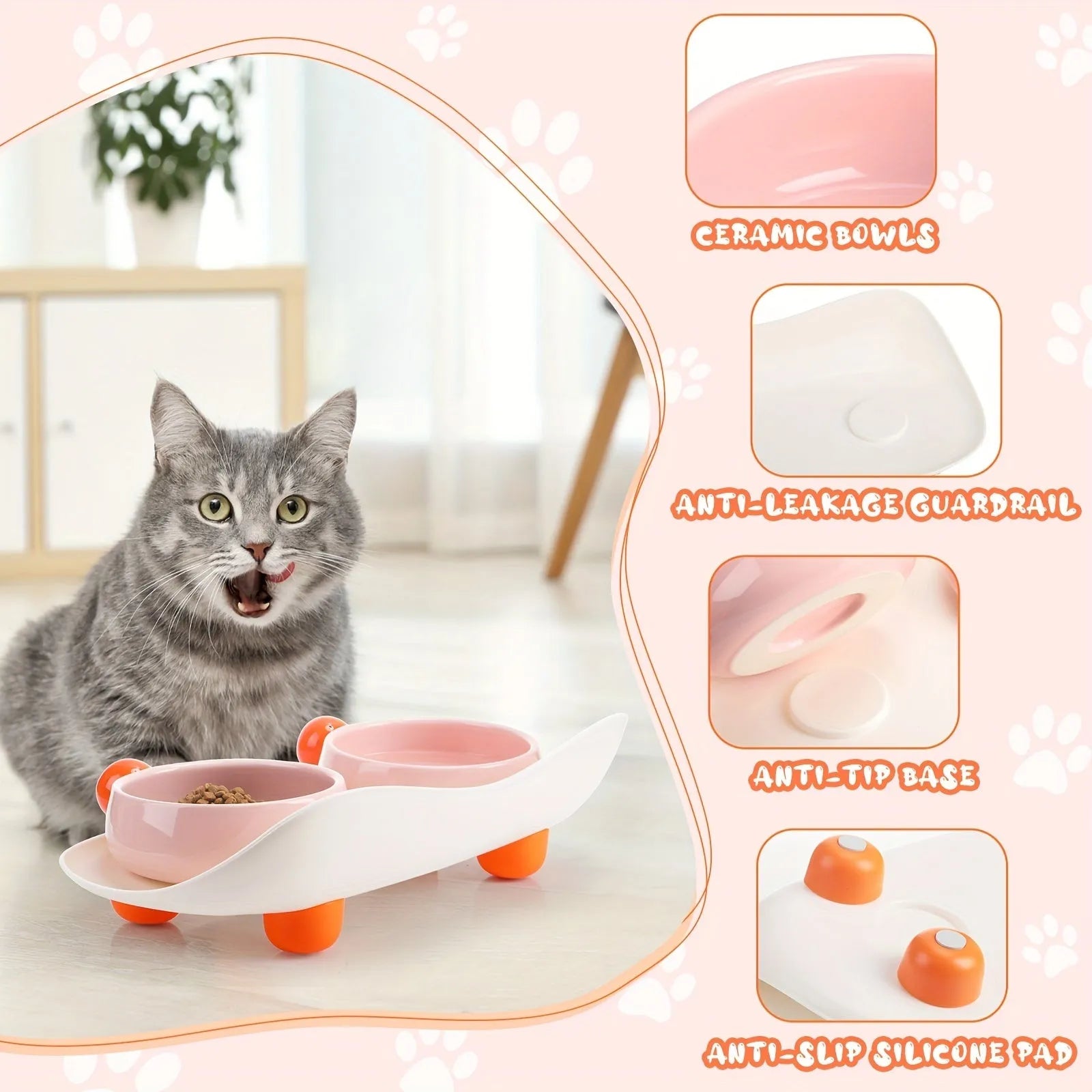 Elevated ceramic double bowl set for cats and small pets with non-slip base in pink, yellow or mixed colours