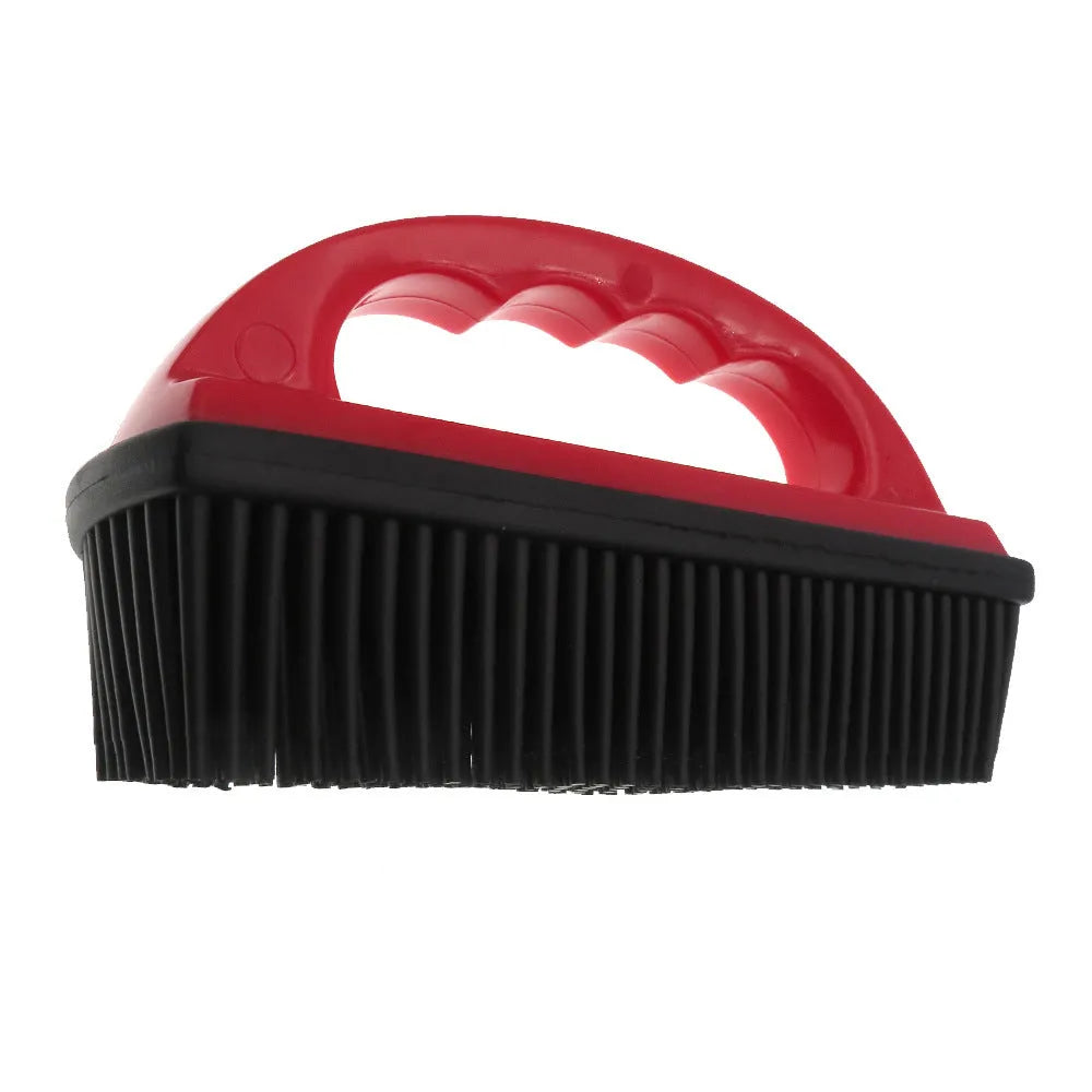 Red pet hair removal brush with 160mm by 85mm head for bath massage and carpet cleaning