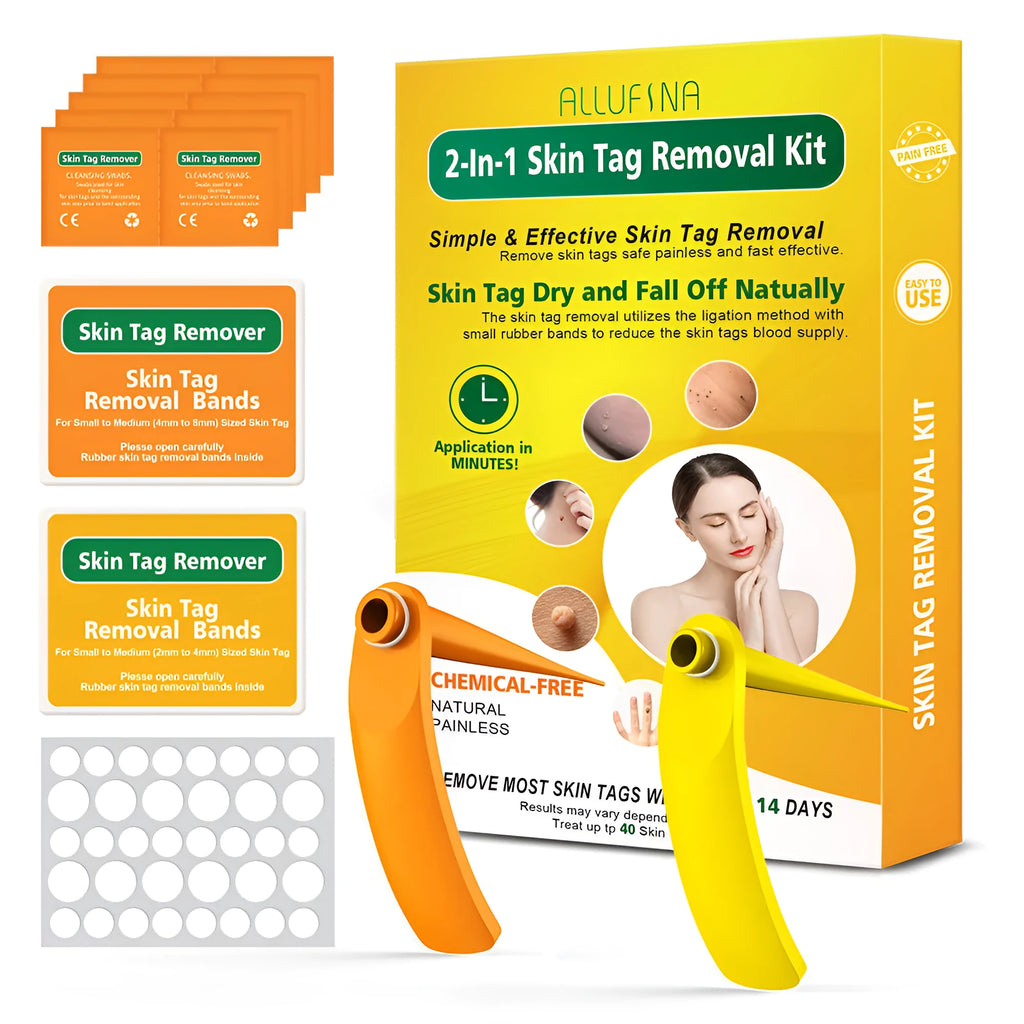 Orange yellow wart removal tool kit with two devices, rubber rings, alcohol swabs and accessories