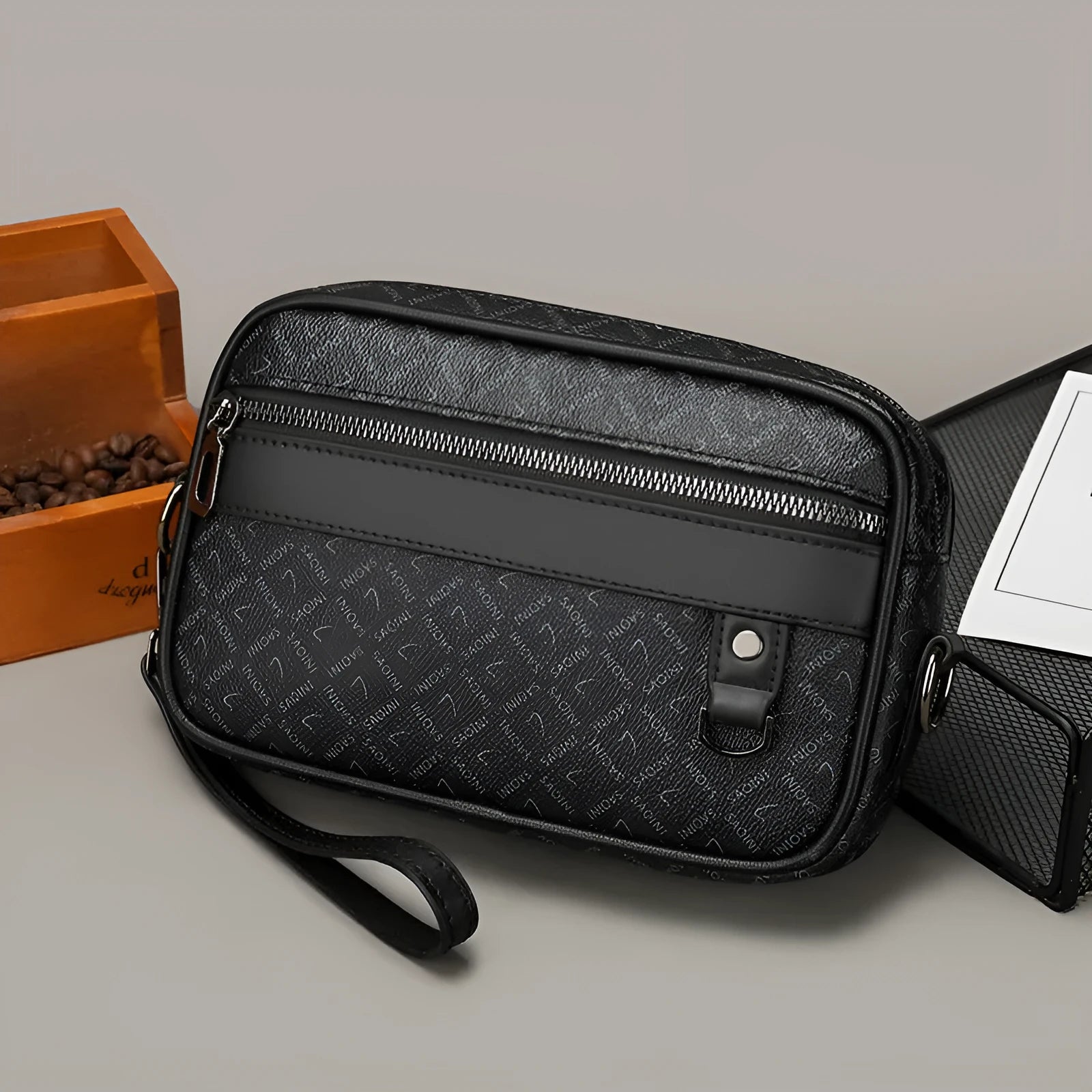 Geometric pattern men's messenger bag in PU material with shoulder strap and handheld option