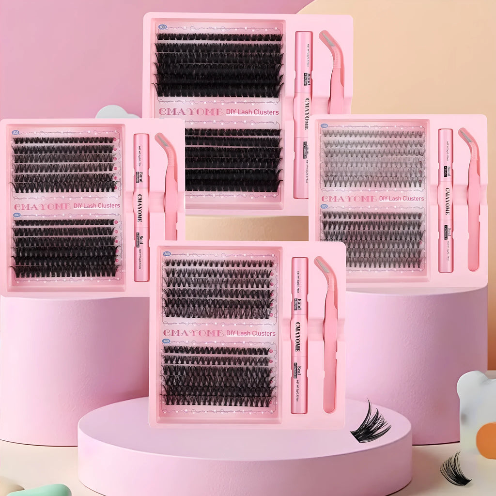 DIY individual cluster false eyelashes showing artificial fibre construction and mixed split design