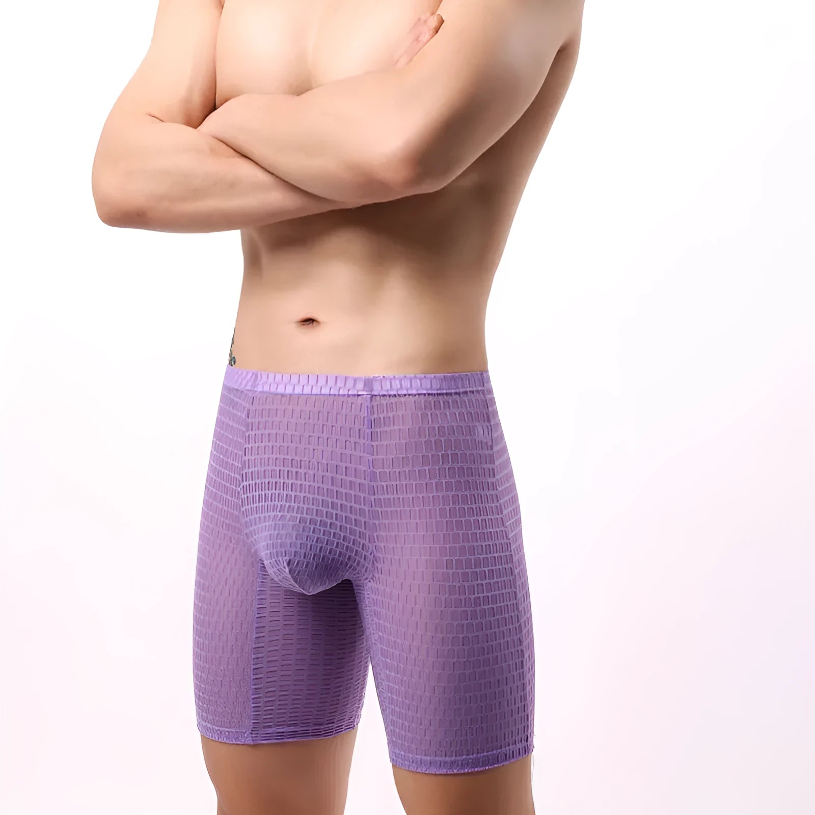 Men's transparent lace boxer shorts in lengthened design on size chart.
