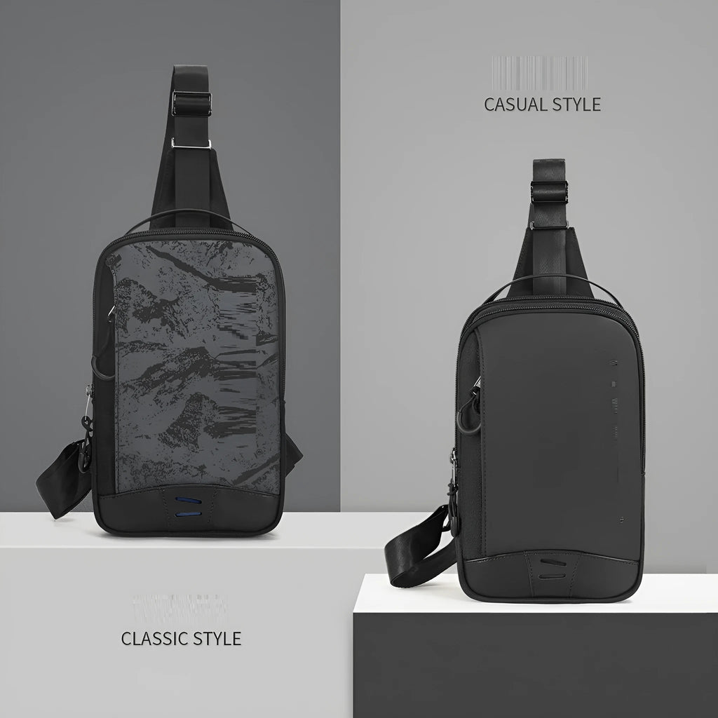 Black camouflage chest bag with single shoulder strap showing waterproof TPU construction and mobile phone compartment