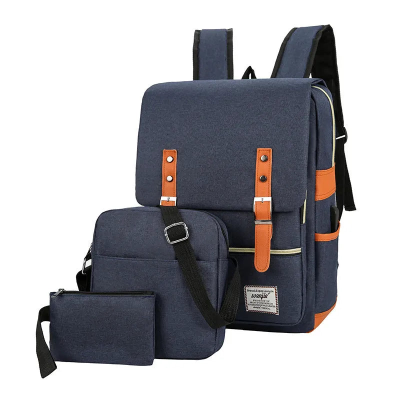 Large capacity three-piece backpack in wine red with curved shoulder straps and Oxford cloth construction