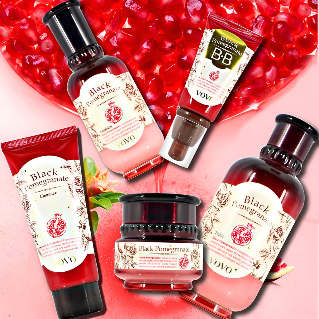 Six-piece pomegranate skincare set showing water, milk, cream, essence, eye cream and cleanser products