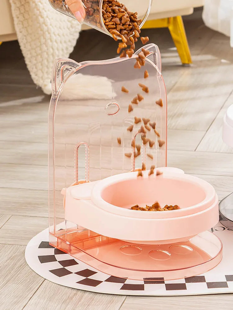 Grey cat feeding bowl with anti-spill design and removable cage, adjustable height.