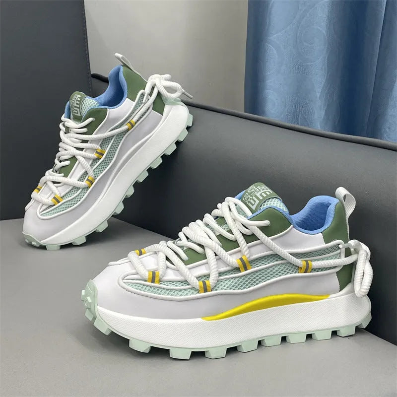 Thick sole height increasing board shoes in white, green, and blue, with mesh upper and rubber sole