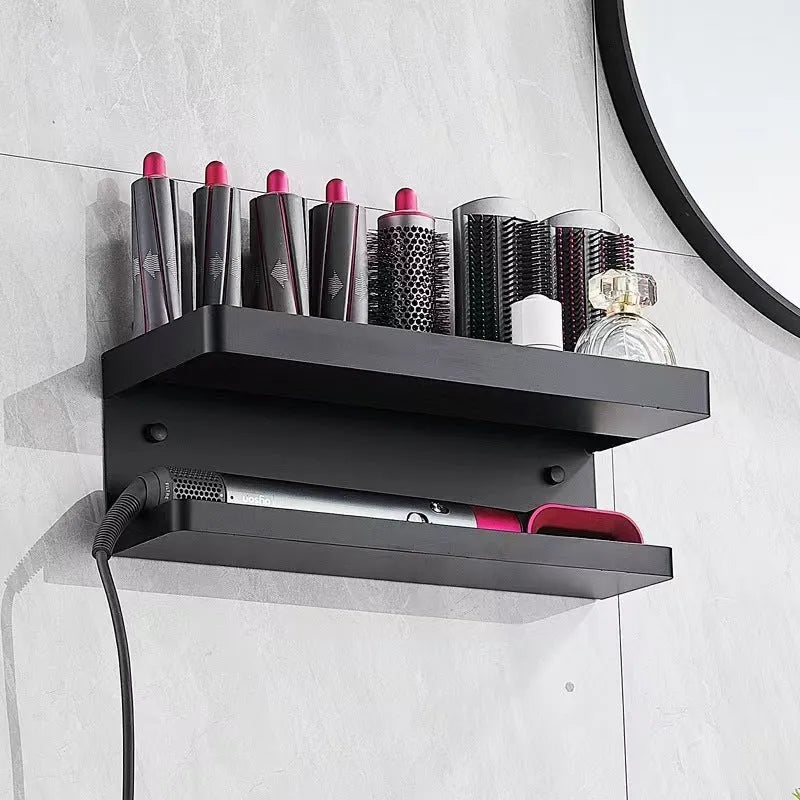 White double-layer aluminium bathroom storage rack holding hair curlers with punch-free installation