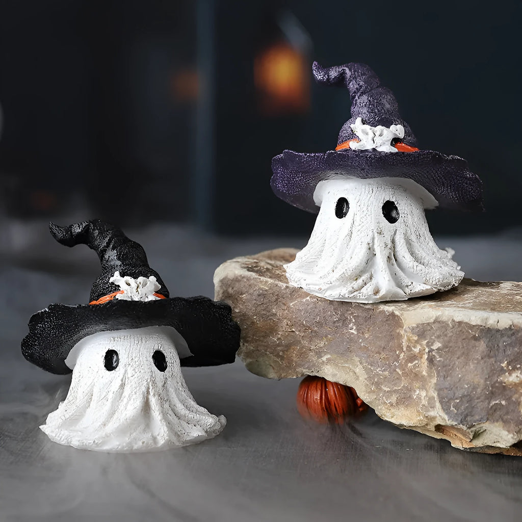 Purple and black solid resin wizard hat ghost ornaments for Halloween and Christmas decor.
