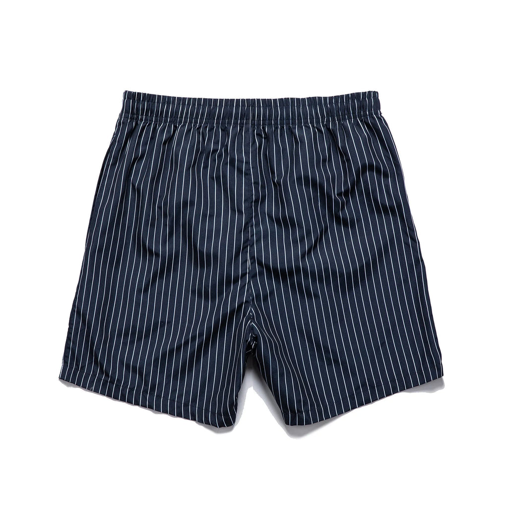 Striped polyester beach shorts in navy blue, shown with straight leg openings and triangle lining.