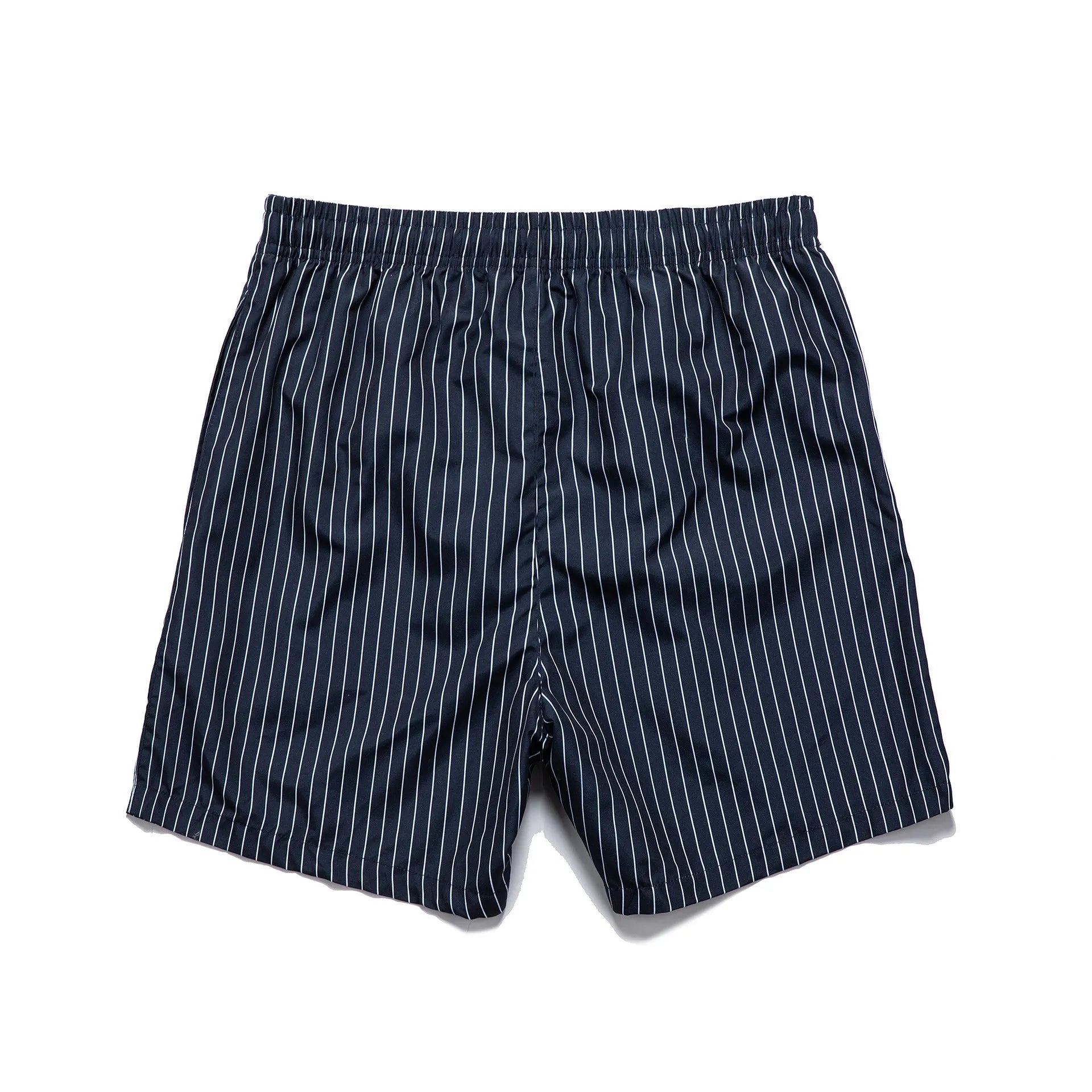 Striped polyester beach shorts in navy blue, shown with straight leg openings and triangle lining.