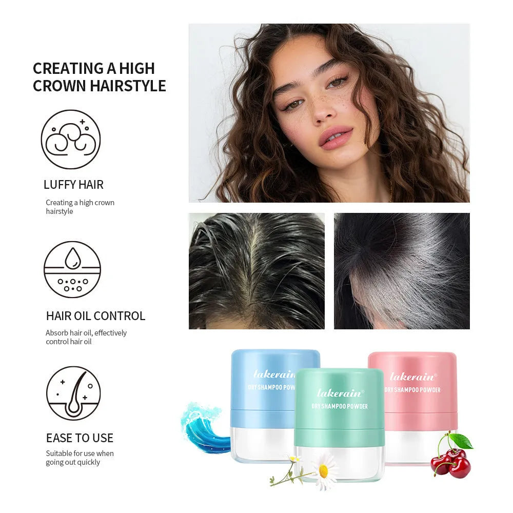 5g dry shampoo powder sachet with sponge applicator and headband mirror in blue, green, and red packaging options.