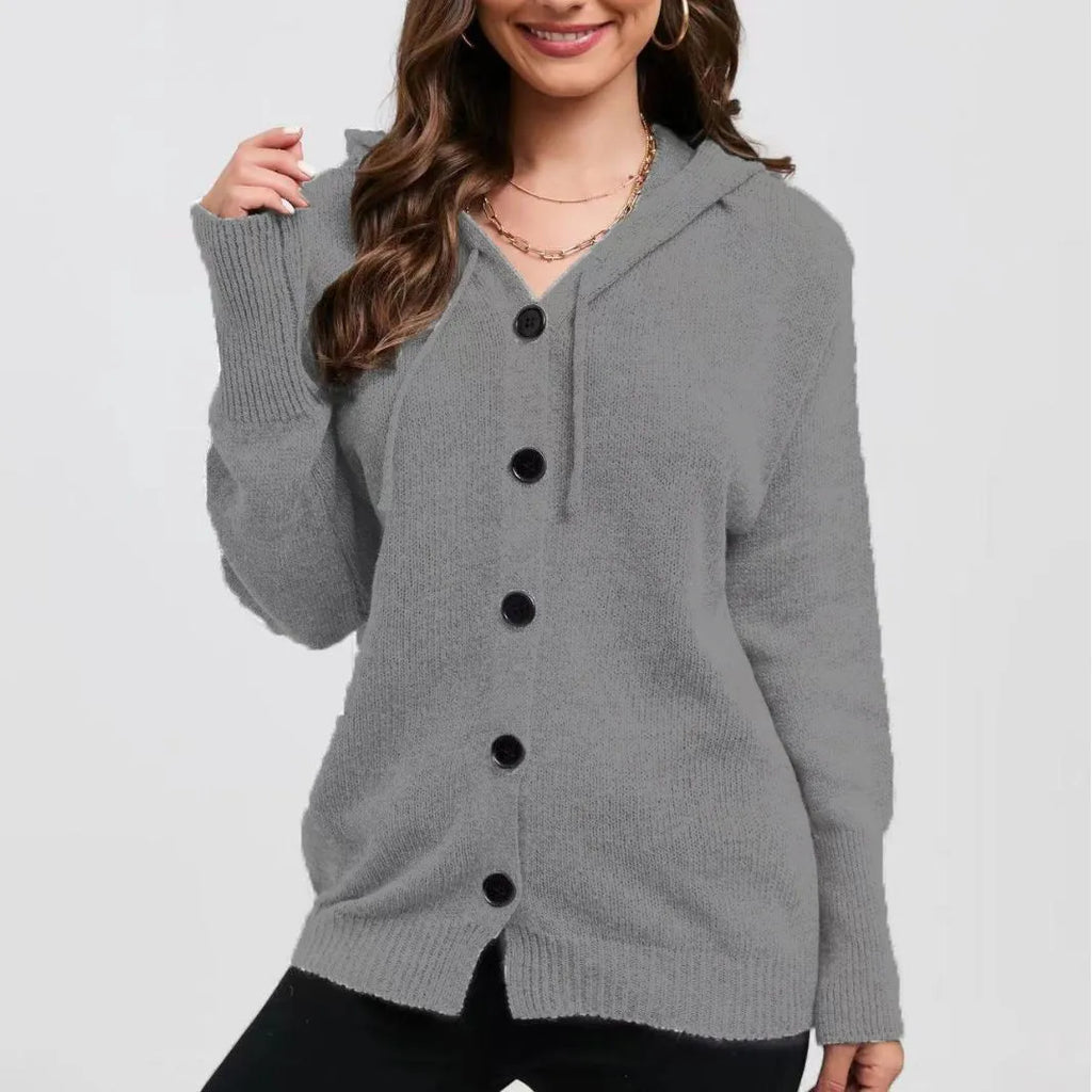 Women's loose fit hooded cardigan sweater in thick cotton, shown in a solid colour.